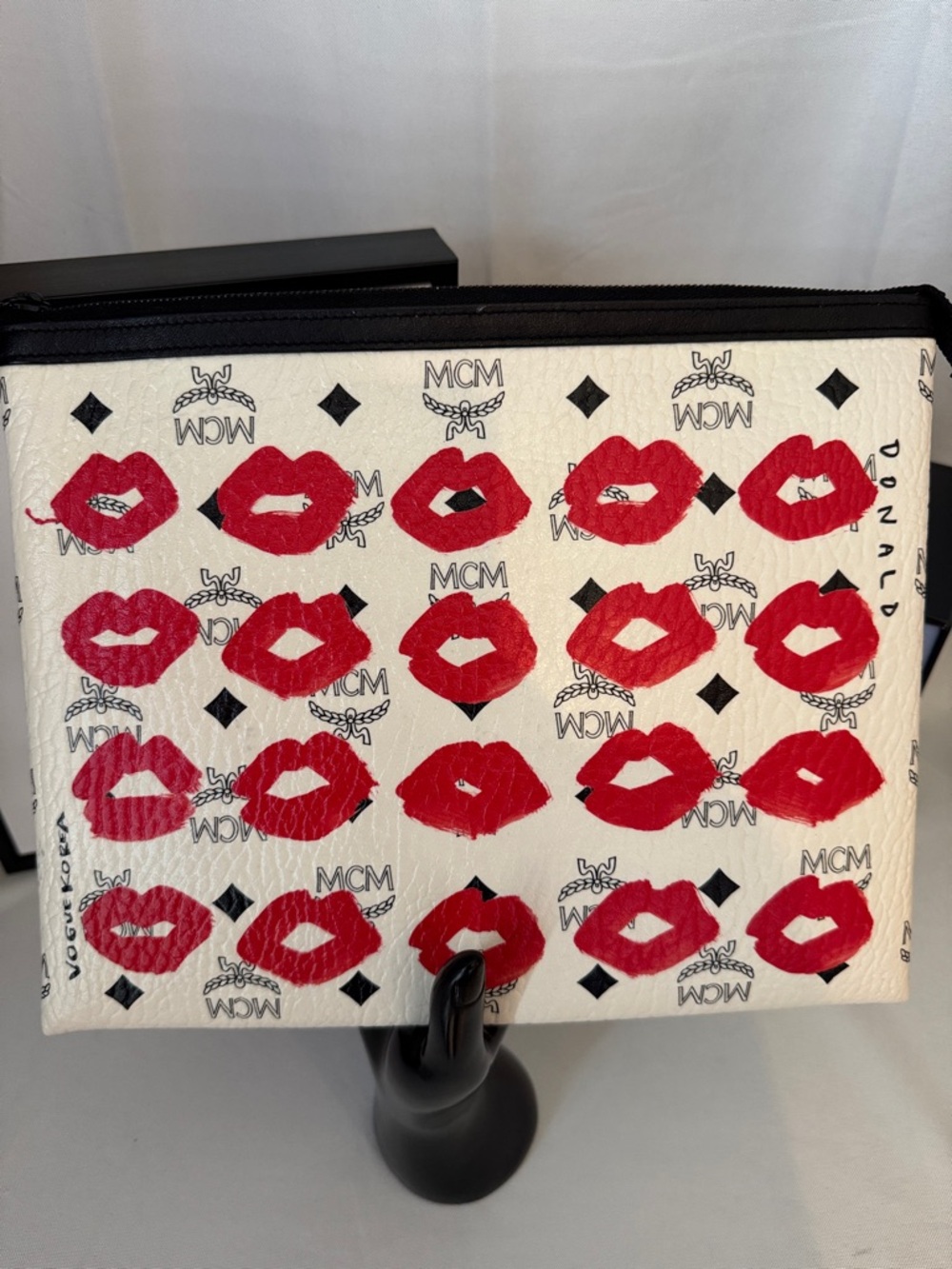 MCM White Leather Zip Pouch with Red Lip Motif